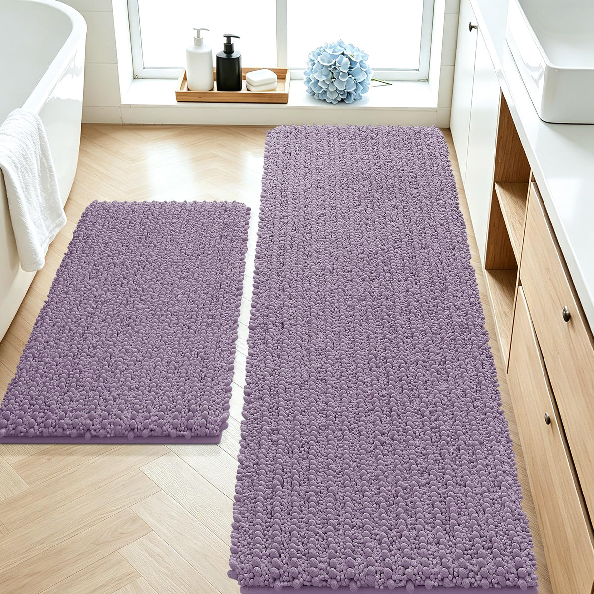 ACCUMTEK Upgrade Extra Large Black Bathroom Rug Set 3 Pieces Ultra Soft, Thick Absorbent Bath Mats, Non Slip Chenille Toilet Mat for Bathroom, Bedroom, Kitchen