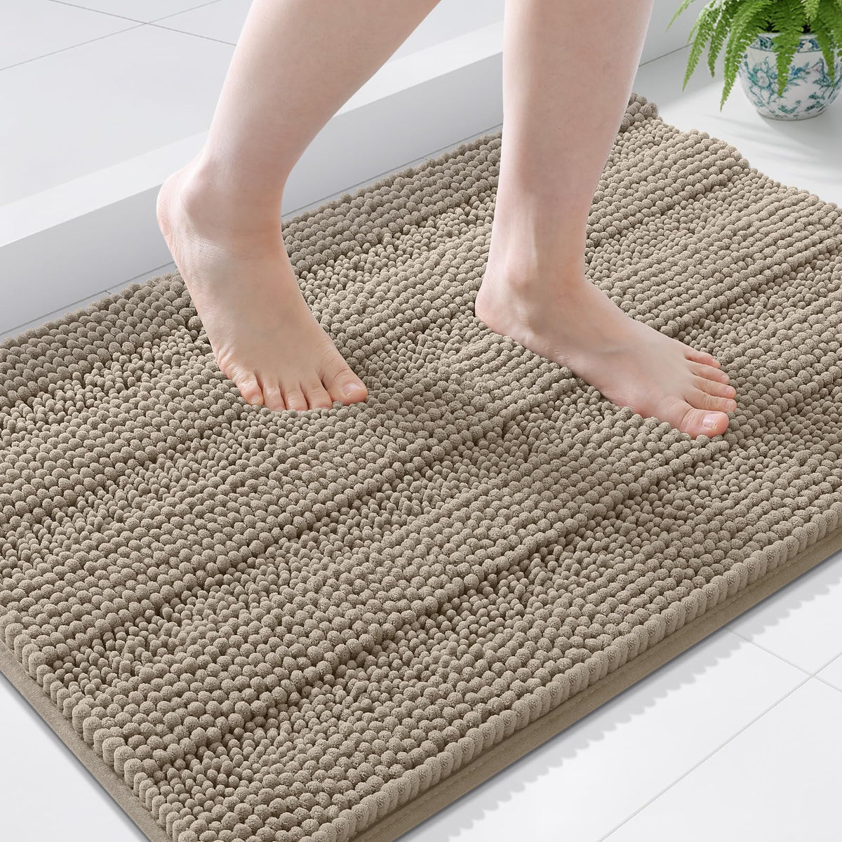 Grandaily Chenille Striped Bathroom Rugs 36x24, Extra Thick and Absorbent Bath Mats, Non-Slip Soft Plush Shaggy Shower Carpet, Machine Wash Dry, Bath Rug for Bathroom, (Large, Light Grey)