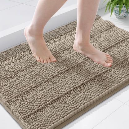 Grandaily Chenille Striped Bathroom Rugs 36x24, Extra Thick and Absorbent Bath Mats, Non-Slip Soft Plush Shaggy Shower Carpet, Machine Wash Dry, Bath Rug for Bathroom, (Large, Light Grey)