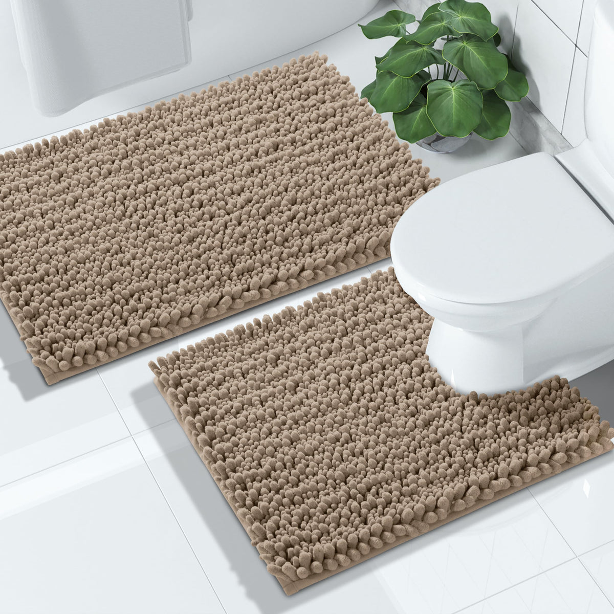 Yimobra Bathroom Rugs Sets 2 Piece - Quick Dry Extra Thick Luxury Chenille Bath Mat, Non Slip Super Absorbent for Tub Shower Sink, Machine Washable Shaggy Floor Mat, 32"x20"+24"x17" Inch, Pale Khaki