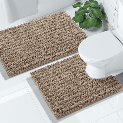 Yimobra Bathroom Rugs Sets 2 Piece - Quick Dry Extra Thick Luxury Chenille Bath Mat, Non Slip Super Absorbent for Tub Shower Sink, Machine Washable Shaggy Floor Mat, 32"x20"+24"x17" Inch, Pale Khaki