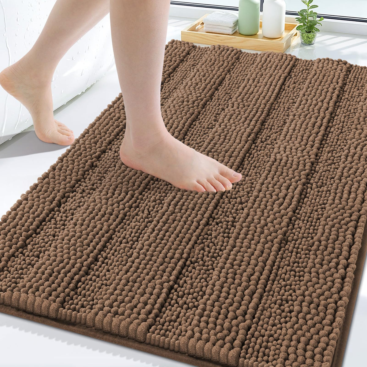 Grandaily Chenille Striped Bathroom Rugs 36x24, Extra Thick and Absorbent Bath Mats, Non-Slip Soft Plush Shaggy Shower Carpet, Machine Wash Dry, Bath Rug for Bathroom, (Large, Light Grey)