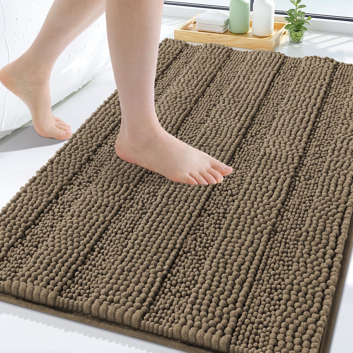 Grandaily Chenille Striped Bathroom Rugs 36x24, Extra Thick and Absorbent Bath Mats, Non-Slip Soft Plush Shaggy Shower Carpet, Machine Wash Dry, Bath Rug for Bathroom, (Large, Light Grey)