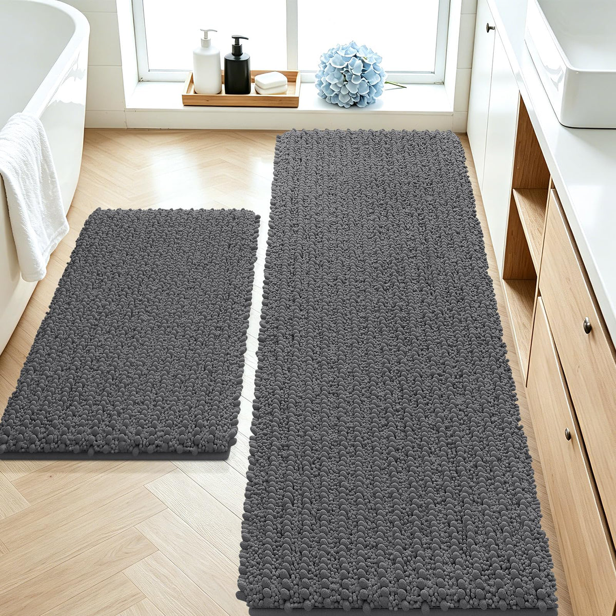 ACCUMTEK Upgrade Extra Large Black Bathroom Rug Set 3 Pieces Ultra Soft, Thick Absorbent Bath Mats, Non Slip Chenille Toilet Mat for Bathroom, Bedroom, Kitchen
