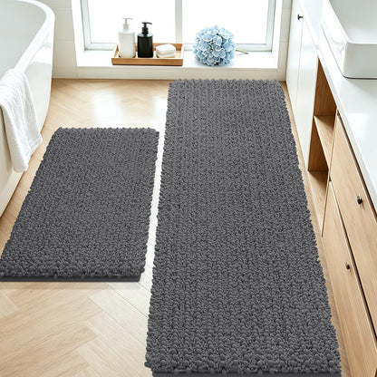 ACCUMTEK Upgrade Extra Large Black Bathroom Rug Set 3 Pieces Ultra Soft, Thick Absorbent Bath Mats, Non Slip Chenille Toilet Mat for Bathroom, Bedroom, Kitchen