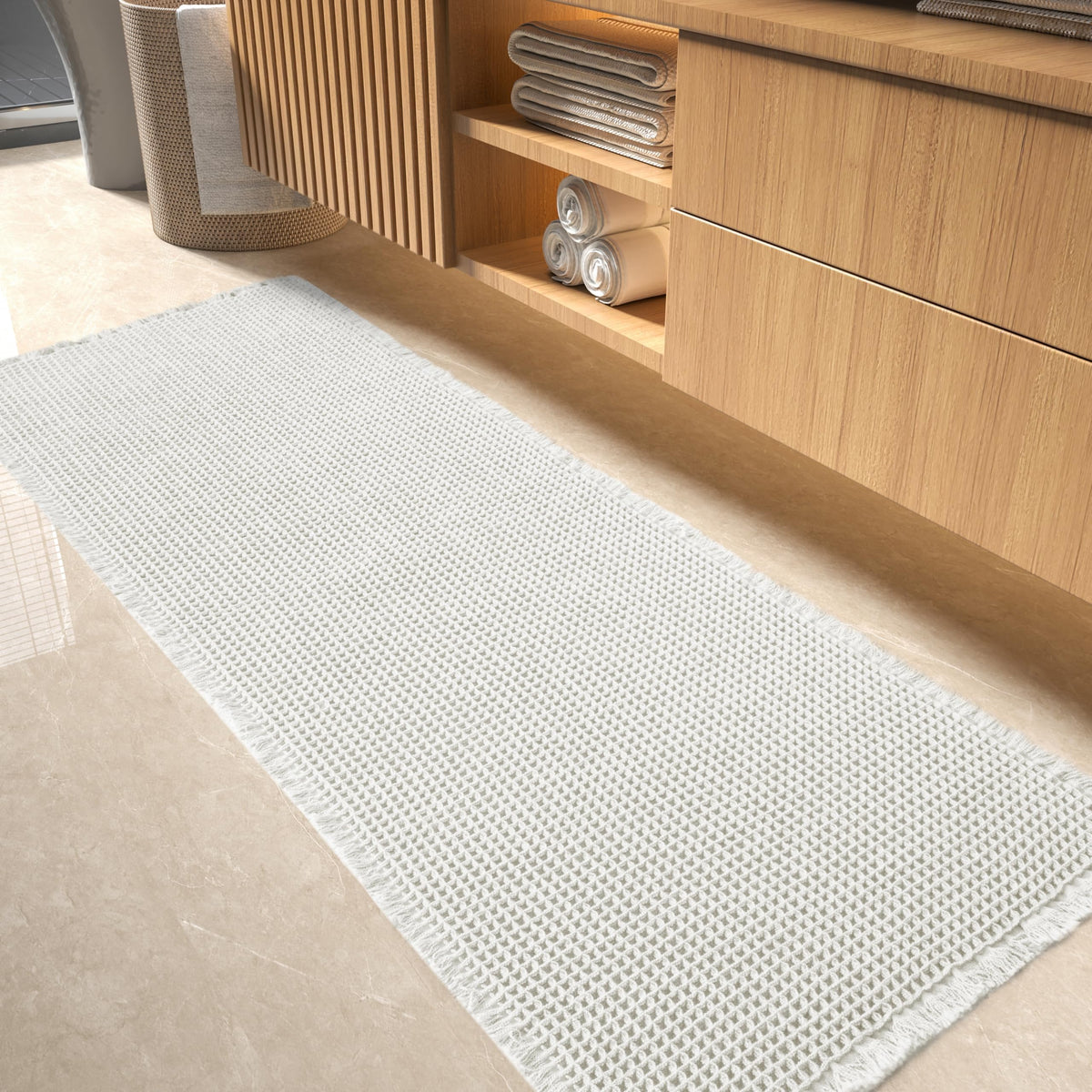 tchdio Waffle Bath Mat-Runner Rug, Super Absorbent Non Slip Bath Mats for Bathroom Machine Washable Long Rugs with Tassels, Bath Rugs for Bathroom Floor Beside Tub, 2' x 6'