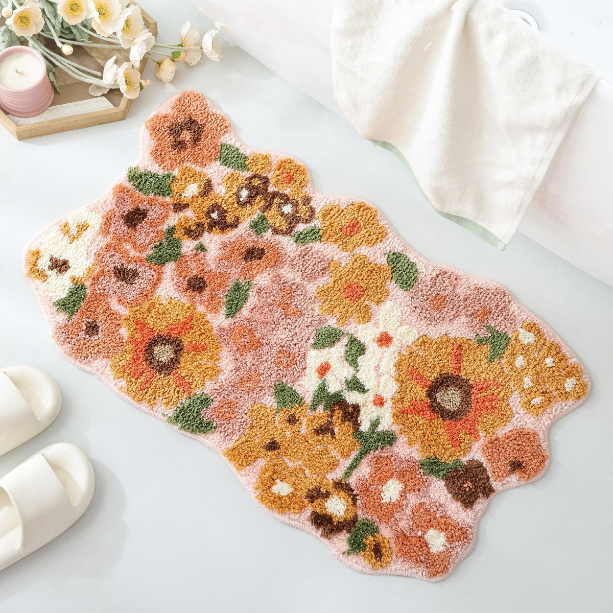 TRUEDAYS Floral Bath Mat, Cute Bath Mat for Bathroom, 32'' x 20'', Orange