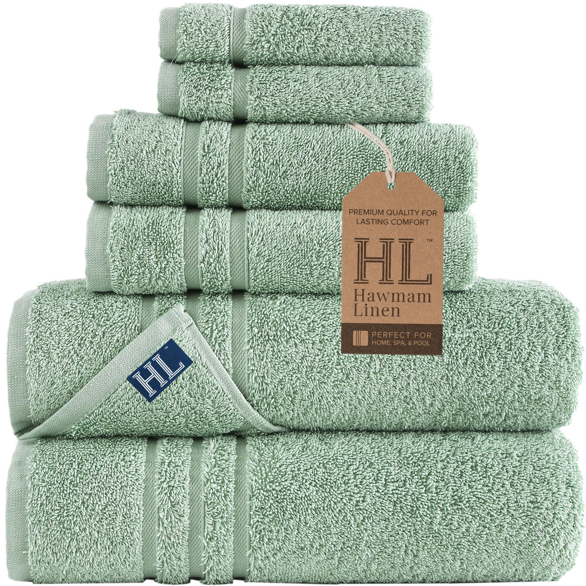Hawmam Linen Cream 6 Piece Bath Towels Set for Bathroom Original Turkish Cotton Soft, Absorbent and Premium 2 Bath Towels, 2 Hand Towels, 2 Washcloths (Sea Salt)