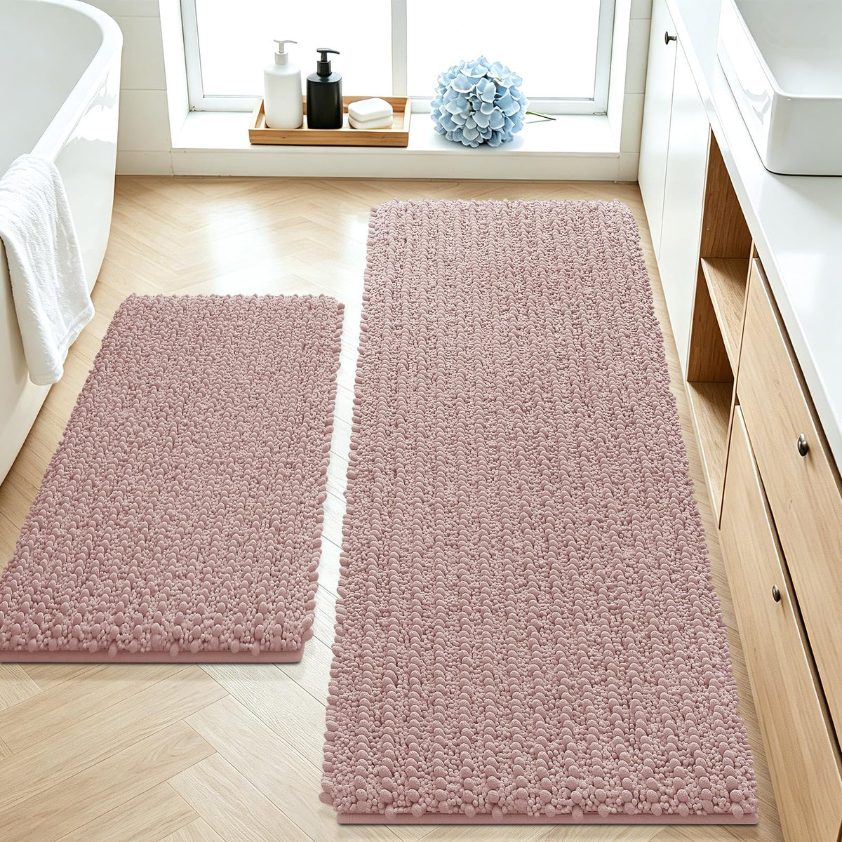 ACCUMTEK Upgrade Extra Large Black Bathroom Rug Set 3 Pieces Ultra Soft, Thick Absorbent Bath Mats, Non Slip Chenille Toilet Mat for Bathroom, Bedroom, Kitchen