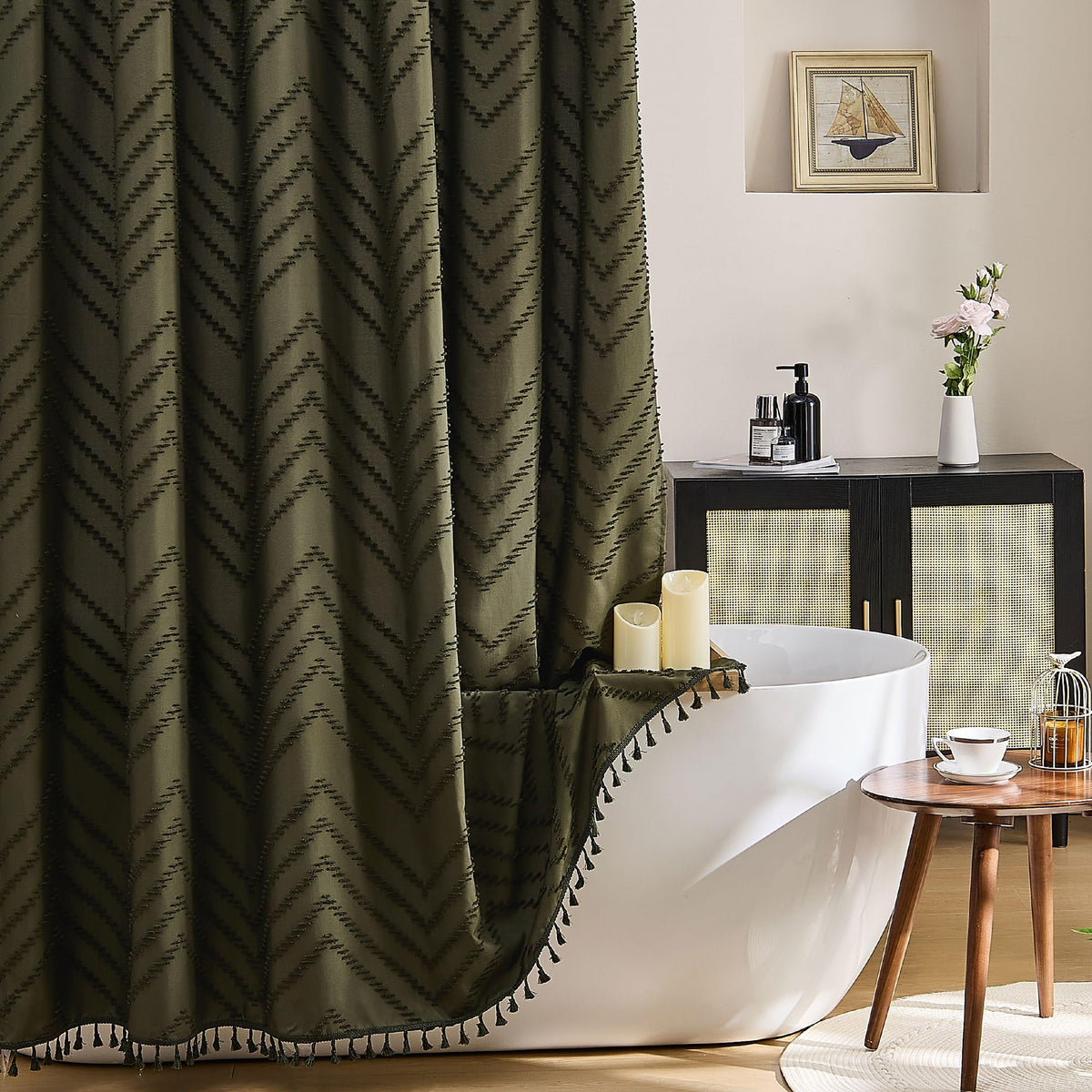 Siiluminisoy White Shower Curtain Fabric Boho Shower Curtain Cloth Textured Tufted Chevron Elegant Shower Curtains Waterproof for Bathroom 72" x 72"