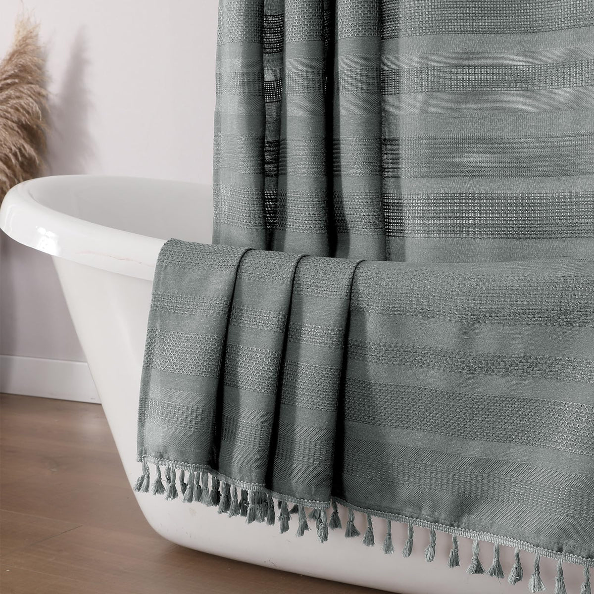 OVZME Sage Green Shower Curtain for Bathroom, Boho Linen Textured Shower Curtain with Tassel, Rustic Striped Heavy Duty Vintage Country Bathroom Curtain, 72Wx72L Inches