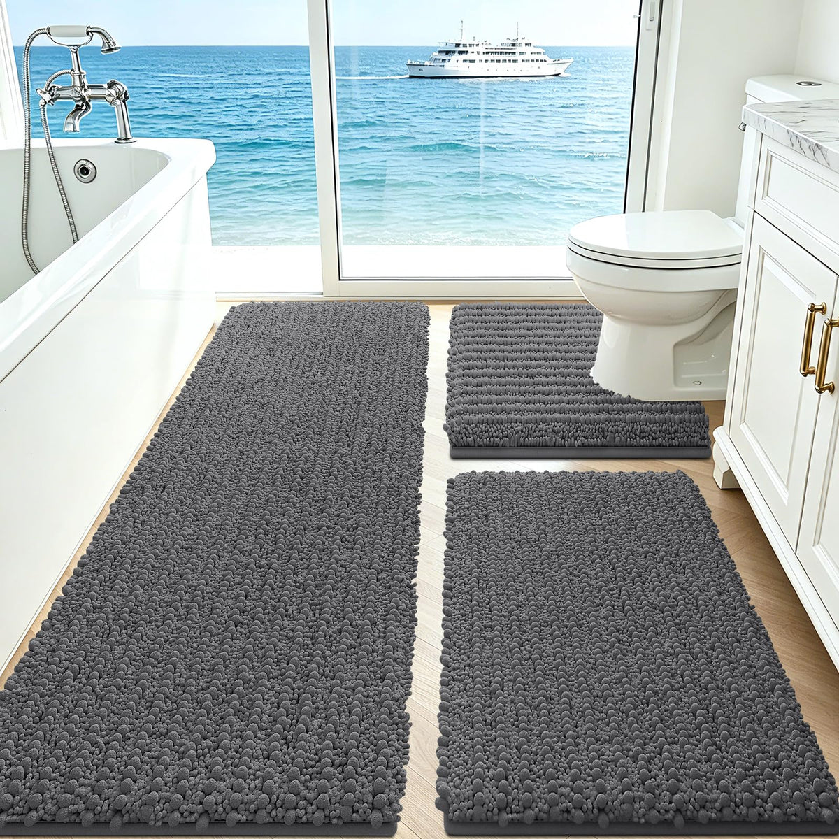 ACCUMTEK Upgrade Extra Large Black Bathroom Rug Set 3 Pieces Ultra Soft, Thick Absorbent Bath Mats, Non Slip Chenille Toilet Mat for Bathroom, Bedroom, Kitchen