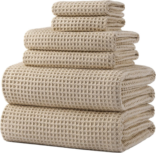 POLYTE 430 GSM Poly Blend Microfiber Quick Dry Waffle Bath Towel Set of 6