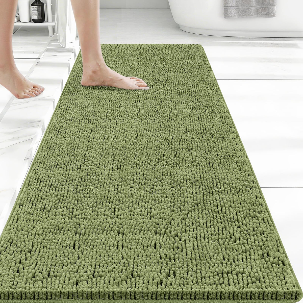 Bcoimo Bath Rug Mat,Sage Chenille High Absorbent Long Bathroom Runner Rugs