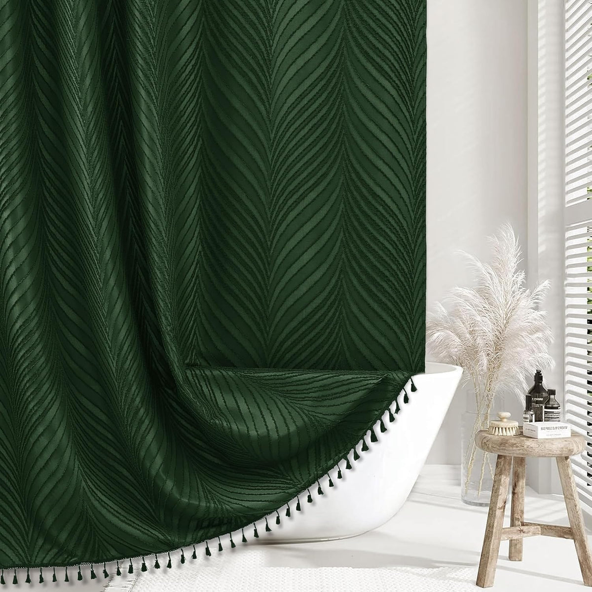 Siiluminisoy Dark Green Boho Shower Curtain Green Shower Curtain for Bathroom Fabric Tufted Chervon Textured Shower Curtains Elegant Cloth Shower Curtains Cute, 72" x72"