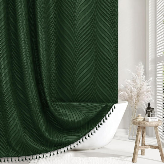 Siiluminisoy Dark Green Boho Shower Curtain Green Shower Curtain for Bathroom Fabric Tufted Chervon Textured Shower Curtains Elegant Cloth Shower Curtains Cute, 72" x72"