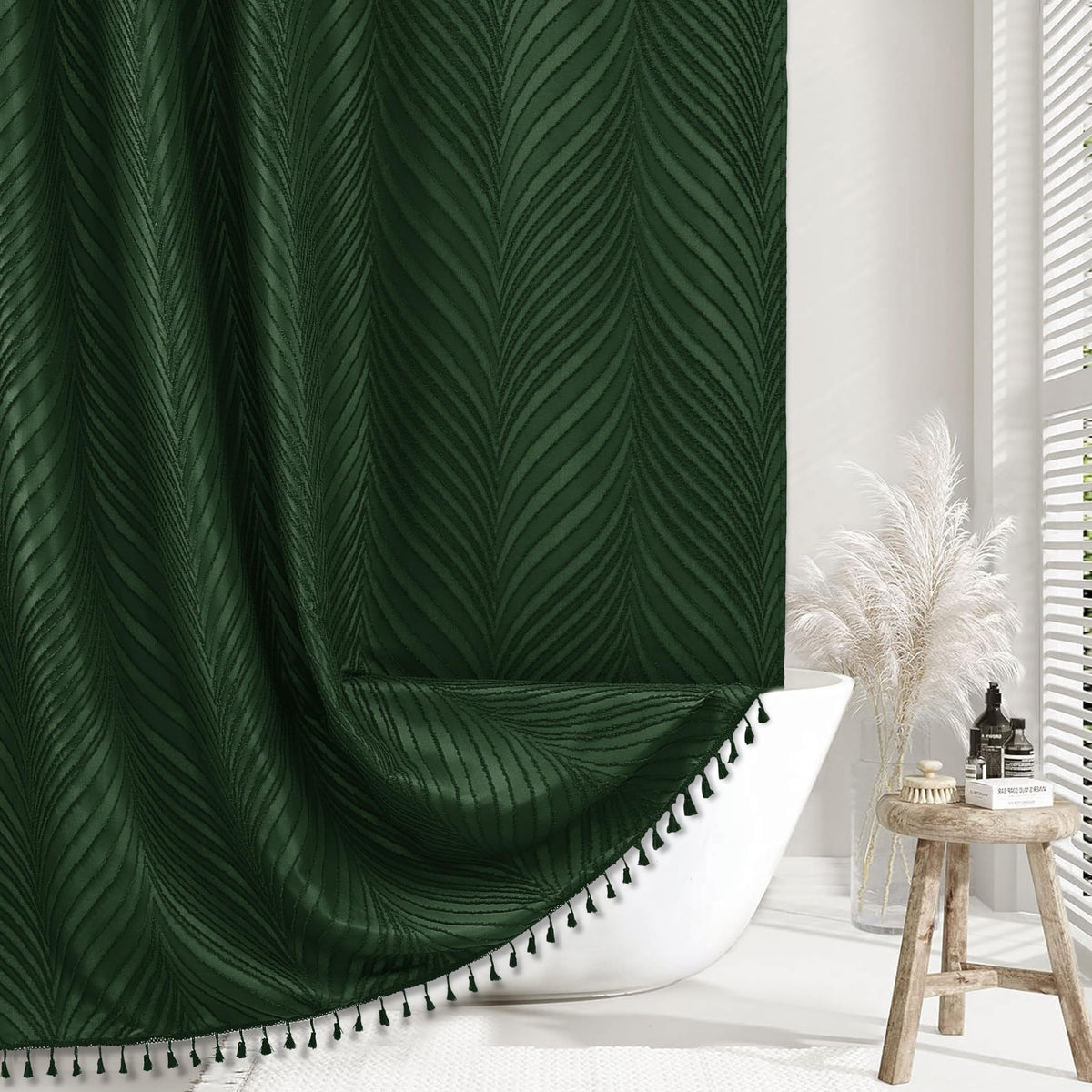 Siiluminisoy Dark Green Boho Shower Curtain Green Shower Curtain for Bathroom Fabric Tufted Chervon Textured Shower Curtains Elegant Cloth Shower Curtains Cute, 72" x72"