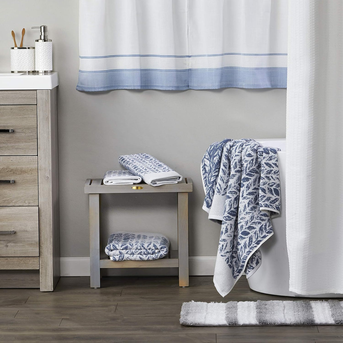 SKL Home Distressed Leaves Hand Towel Set-2pc, Turkish Cotton, Denim Blue
