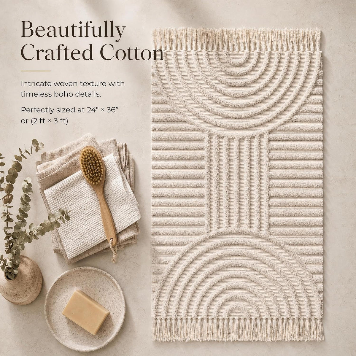 KIBAGA Beautiful Boho Rug with Tassels for Bathroom - Soft 2x3 ft Cotton
