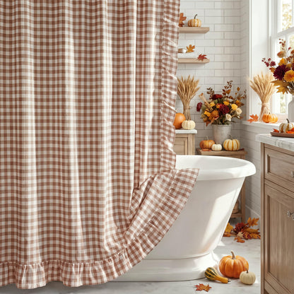 HunnmingRe Ruffle Hem Gingham Shower Curtain Sage Green