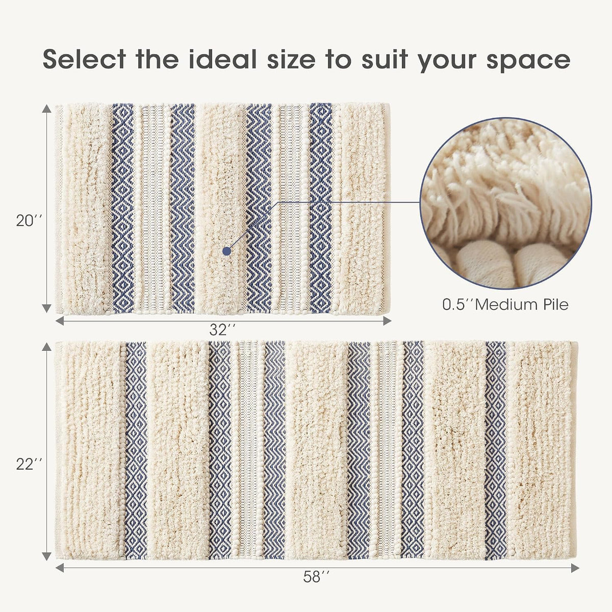 INK+IVY Asher Non-Slip Bath Rug Absorbent Quick Dry Striped, 20 x 32, Navy