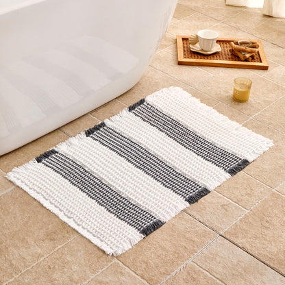 Waffle Bath Mat Non Slip, Boho Bathroom Rug, White/Taupe, 16"x24"