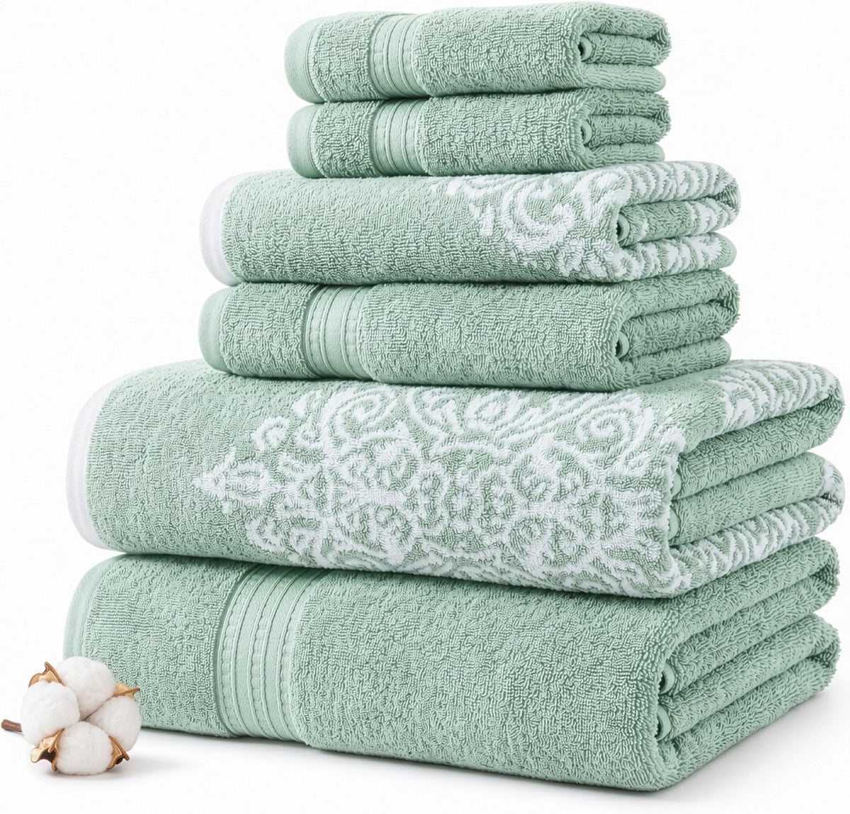 Modern Threads 6-Piece 100% Cotton Damask Medallion Towel Set, Sage