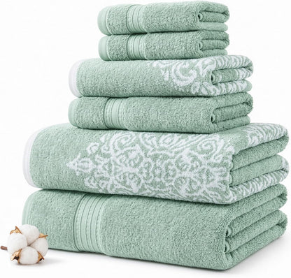 Modern Threads 6-Piece 100% Cotton Damask Medallion Towel Set, Sage