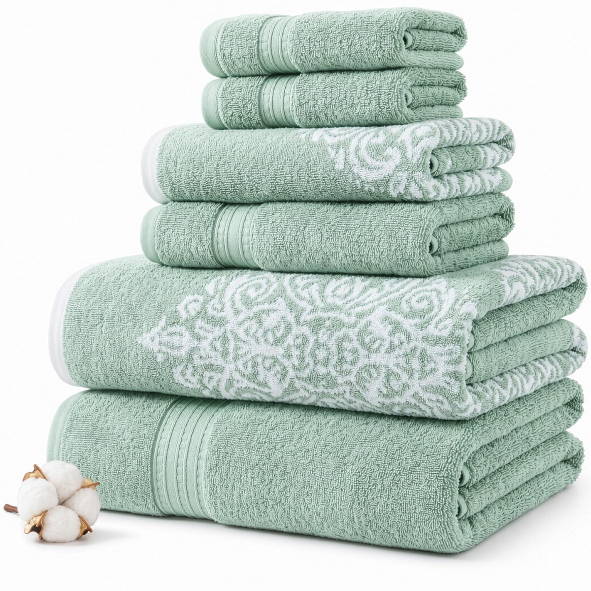 Modern Threads 6-Piece 100% Cotton Damask Medallion Towel Set, Sage