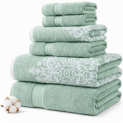 Modern Threads 6-Piece 100% Cotton Damask Medallion Towel Set, Sage