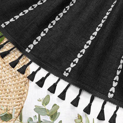 Boho Farmhouse Tassel Linen Shower Curtain,3D Embroidery Stripe Black,72x72