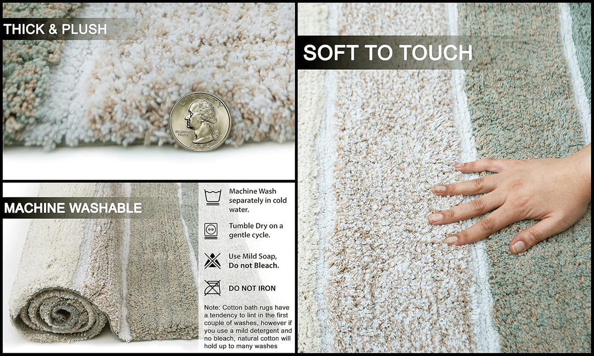 Chardin home Cordural Stripes Bath Mat, Set of 2 Bath Rugs (17 Inches x24 Inches & 21 Inches x34 Inches) | Non Slip Bathroom Rug, Machine Washable, Plush, Highly Absorbent | Bluish Gray- Beige