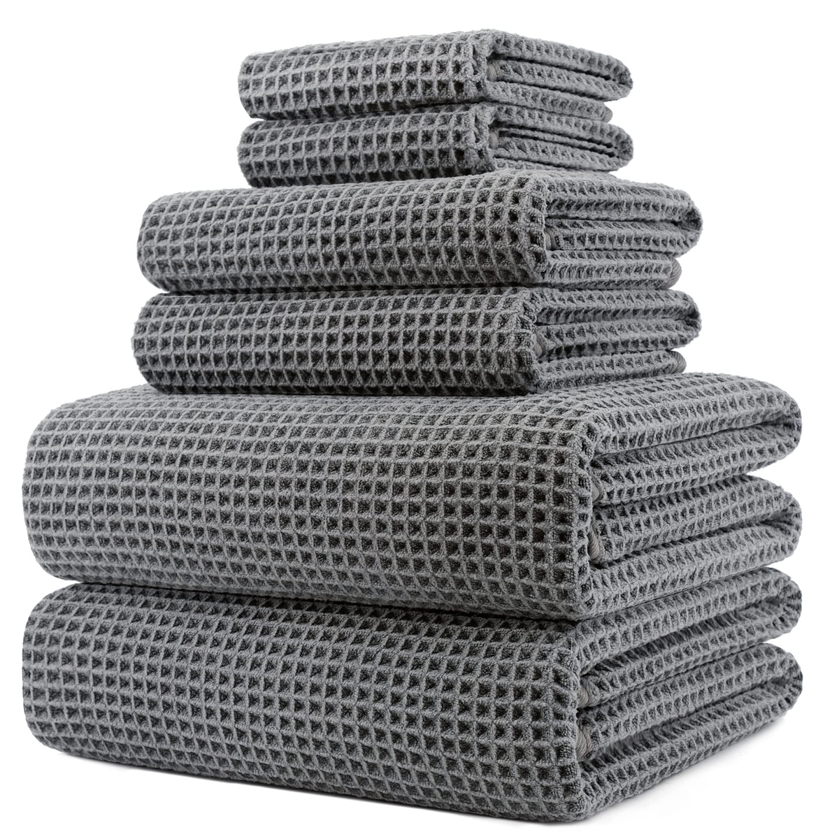 POLYTE 430 GSM Poly Blend Microfiber Quick Dry Waffle Bath Towel Set of 6