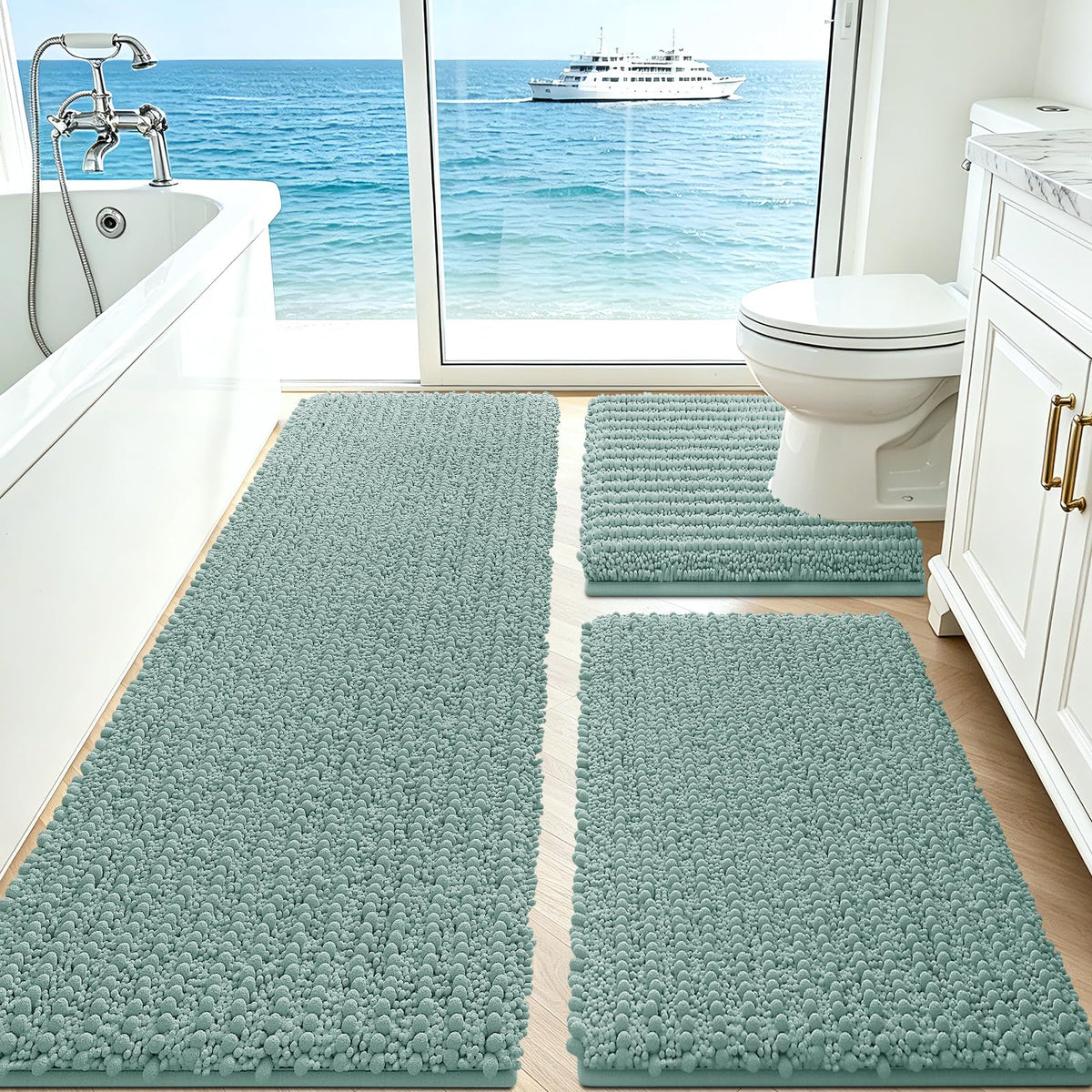 ACCUMTEK Upgrade Extra Large Black Bathroom Rug Set 3 Pieces Ultra Soft, Thick Absorbent Bath Mats, Non Slip Chenille Toilet Mat for Bathroom, Bedroom, Kitchen