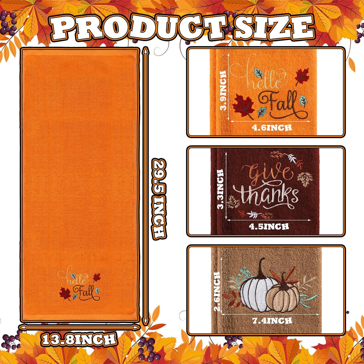 Fanfanwin 3 Pcs Fall Hand Towels for Bathroom 13.8 x 29.5 Inch Autumn Decorative Bath Towels Sets 100% Cotton Embroidered Pumpkin Maple Thanksgiving Bathroom Decor(Orange and Brown,Pumpkin)