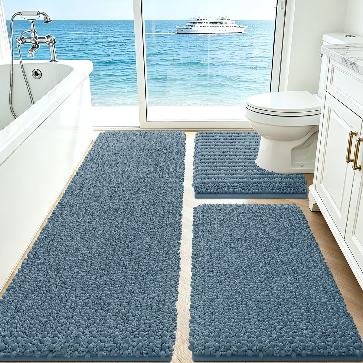 ACCUMTEK Upgrade Extra Large Black Bathroom Rug Set 3 Pieces Ultra Soft, Thick Absorbent Bath Mats, Non Slip Chenille Toilet Mat for Bathroom, Bedroom, Kitchen