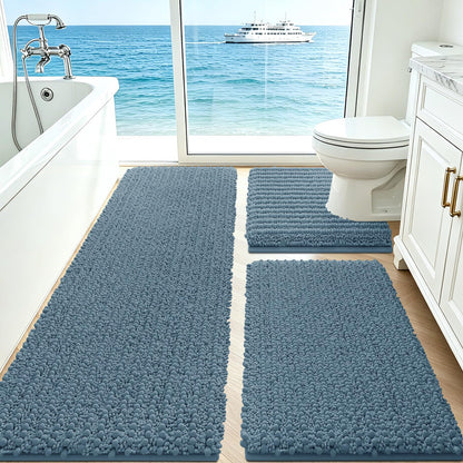 ACCUMTEK Upgrade Extra Large Black Bathroom Rug Set 3 Pieces Ultra Soft, Thick Absorbent Bath Mats, Non Slip Chenille Toilet Mat for Bathroom, Bedroom, Kitchen