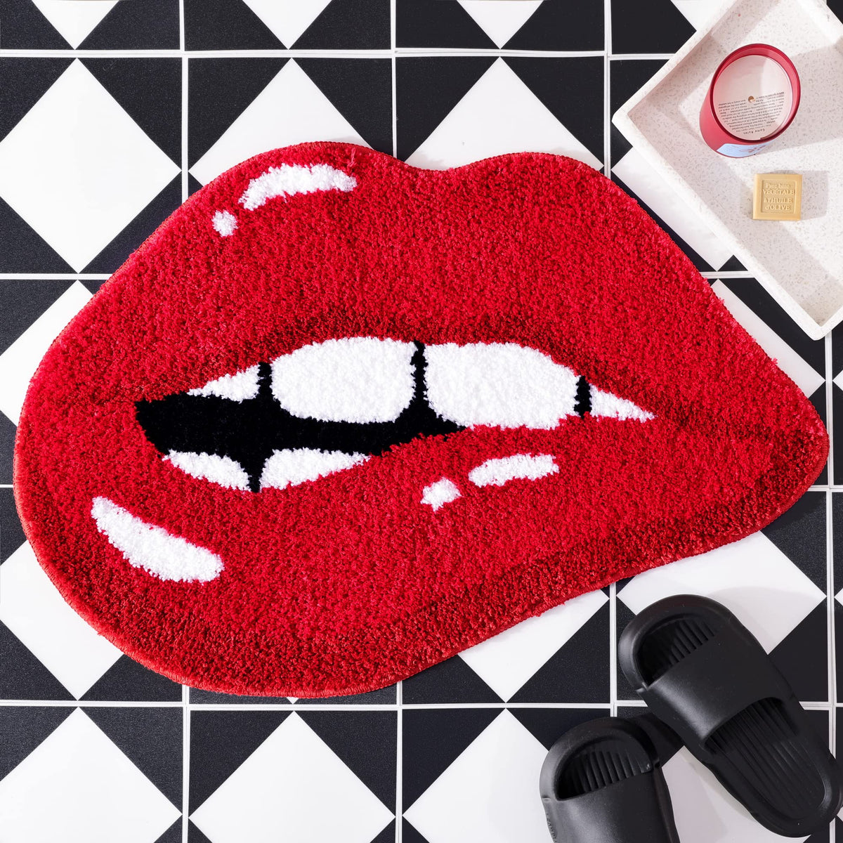 Panstar Lips Shaped Bathroom Rug, Cute Red Bath Mat Non Slip, Absorbent, Plush Shower Rugs For Bathtub