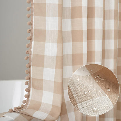 Tan and White Buffalo Plaid Boho Shower Curtain for Bathroom 72” x 72”