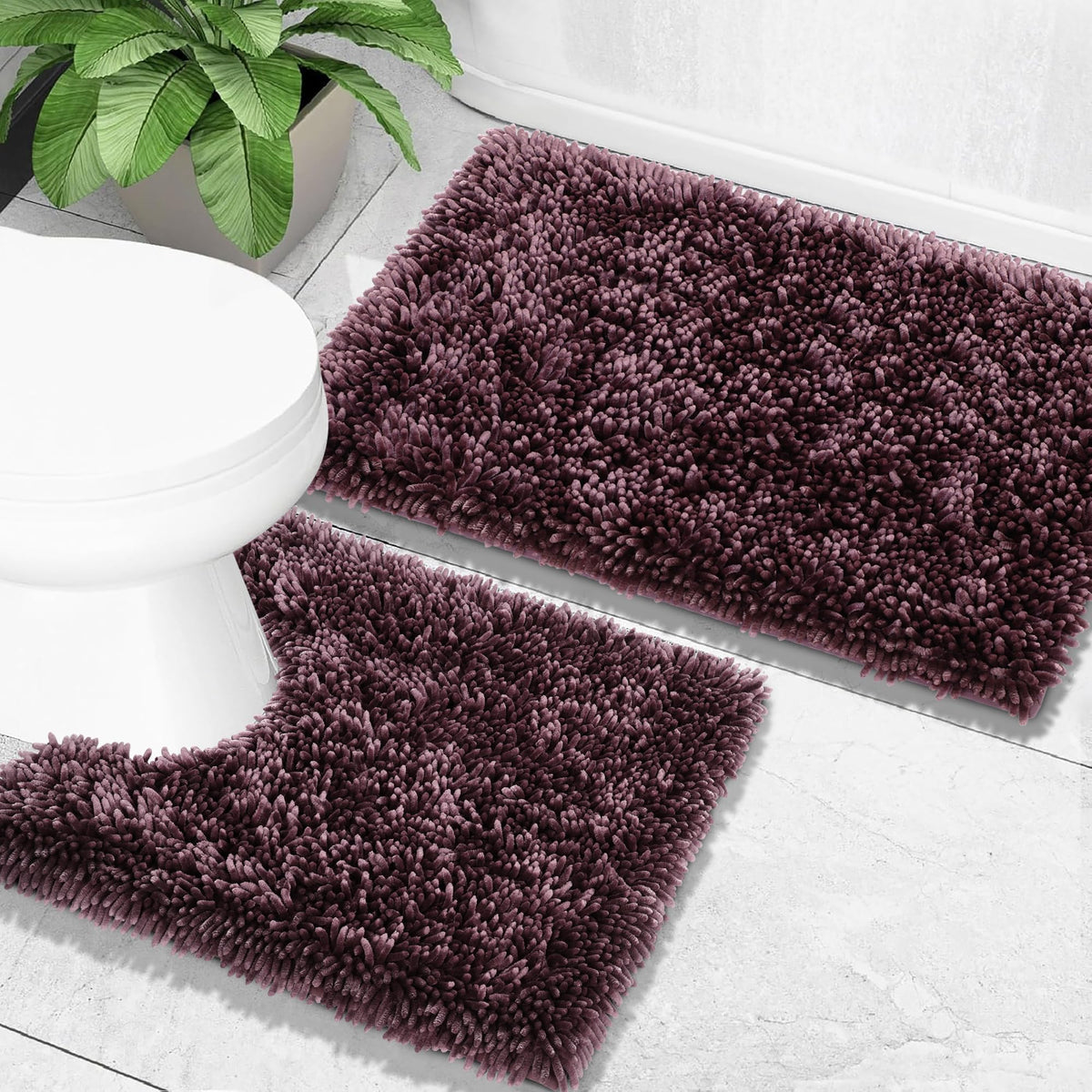 Yimobra Bathroom Rug Set 2 Piece, Luxury Shaggy Bath Mat Set with Non Slip Backing, Ultra Soft & Absorbent Mats for Bathroom Floor, Machine Washable, 31.5"x20"+24"x17", Dark Purple