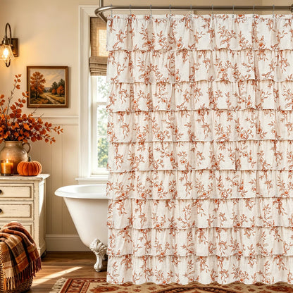 Farmhouse Floral Shower Curtain, Ruffle Bathroom Curtains, 72"Wx72"L