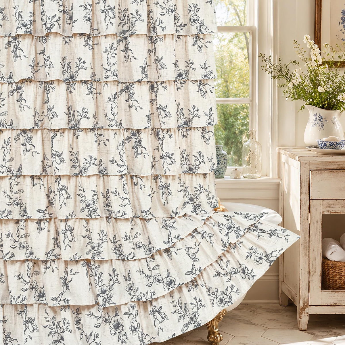 Farmhouse Floral Shower Curtain, Ruffle Bathroom Curtains, 72"Wx72"L