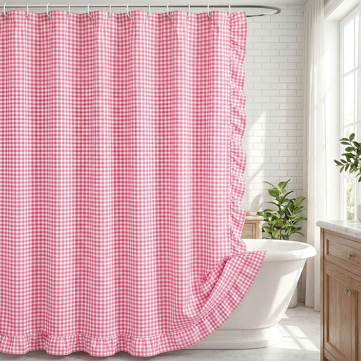 HunnmingRe Ruffle Hem Gingham Shower Curtain Sage Green