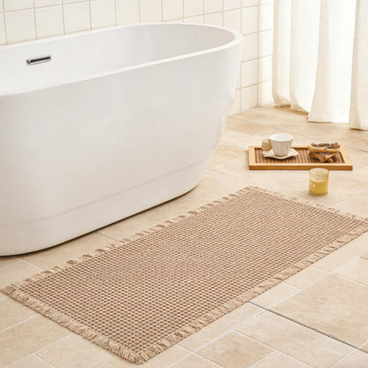 Waffle Bath Mat Non Slip, Boho Bathroom Rug, White/Taupe, 16"x24"