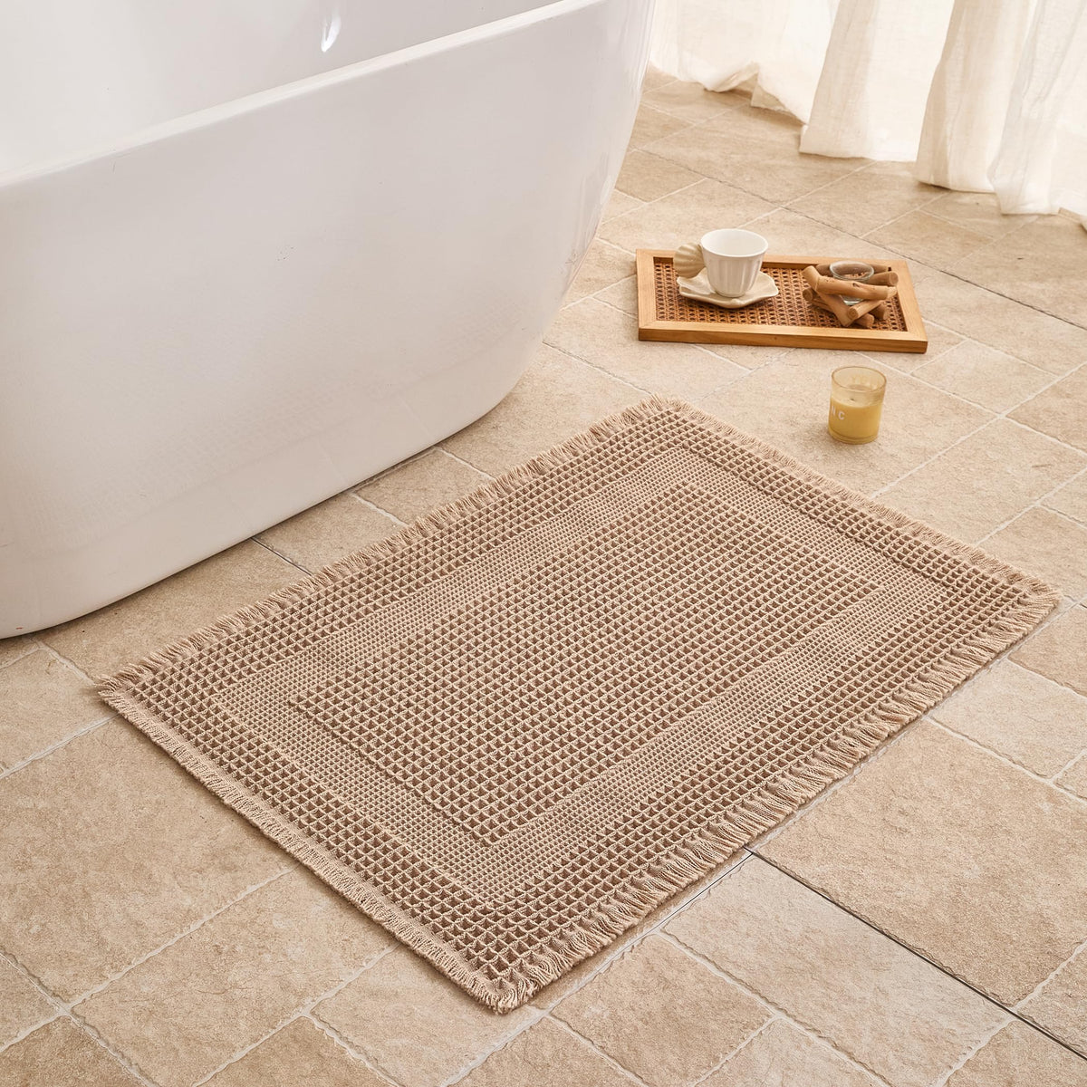 Waffle Bath Mat Non Slip, Boho Bathroom Rug, White/Taupe, 16"x24"