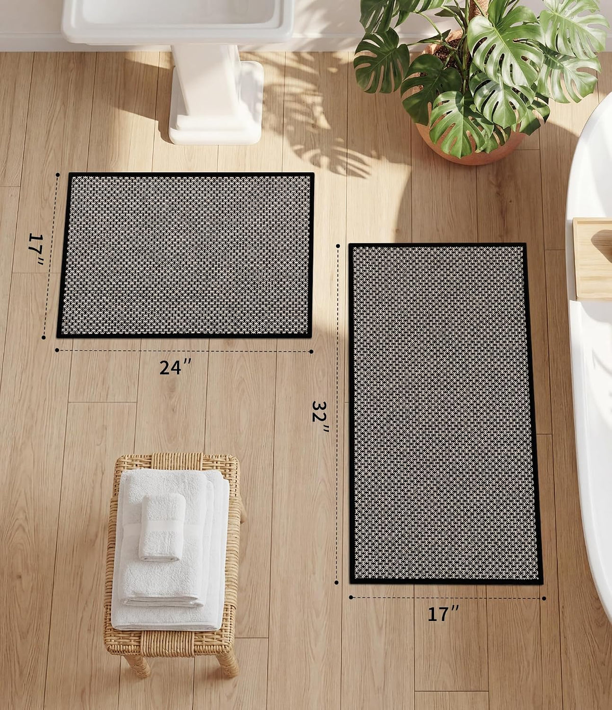 YIHOUSE Black Bathroom Rugs Sets 2 Pieces,Thin Bath Mat Quick Dry