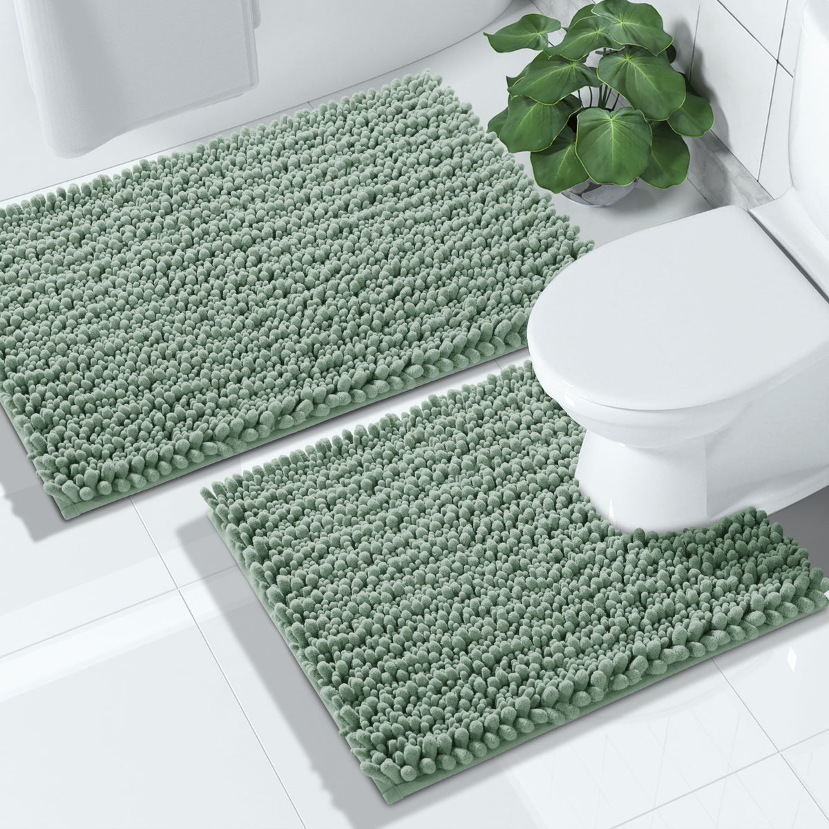 Yimobra Bathroom Rugs Sets 2 Piece - Quick Dry Extra Thick Luxury Chenille Bath Mat, Non Slip Super Absorbent for Tub Shower Sink, Machine Washable Shaggy Floor Mat, 32"x20"+24"x17" Inch, Pale Khaki
