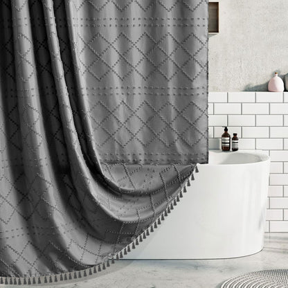 Siiluminisoy Navy Blue Shower Curtain Boho Shower Curtains Fabric, Tufted Chevron Textured Striped Modern Minimalist Cloth Shower Curtain for Bathroom, 72 x 72