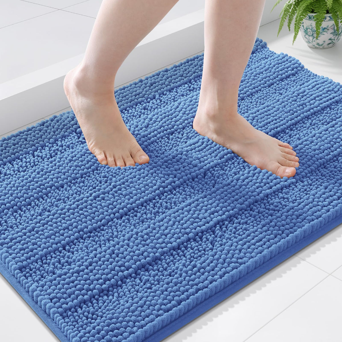 Grandaily Chenille Striped Bathroom Rugs 36x24, Extra Thick and Absorbent Bath Mats, Non-Slip Soft Plush Shaggy Shower Carpet, Machine Wash Dry, Bath Rug for Bathroom, (Large, Light Grey)