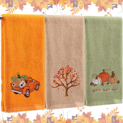 Fanfanwin 3 Pcs Fall Hand Towels for Bathroom 13.8 x 29.5 Inch Autumn Decorative Bath Towels Sets 100% Cotton Embroidered Pumpkin Maple Thanksgiving Bathroom Decor(Orange and Brown,Pumpkin)